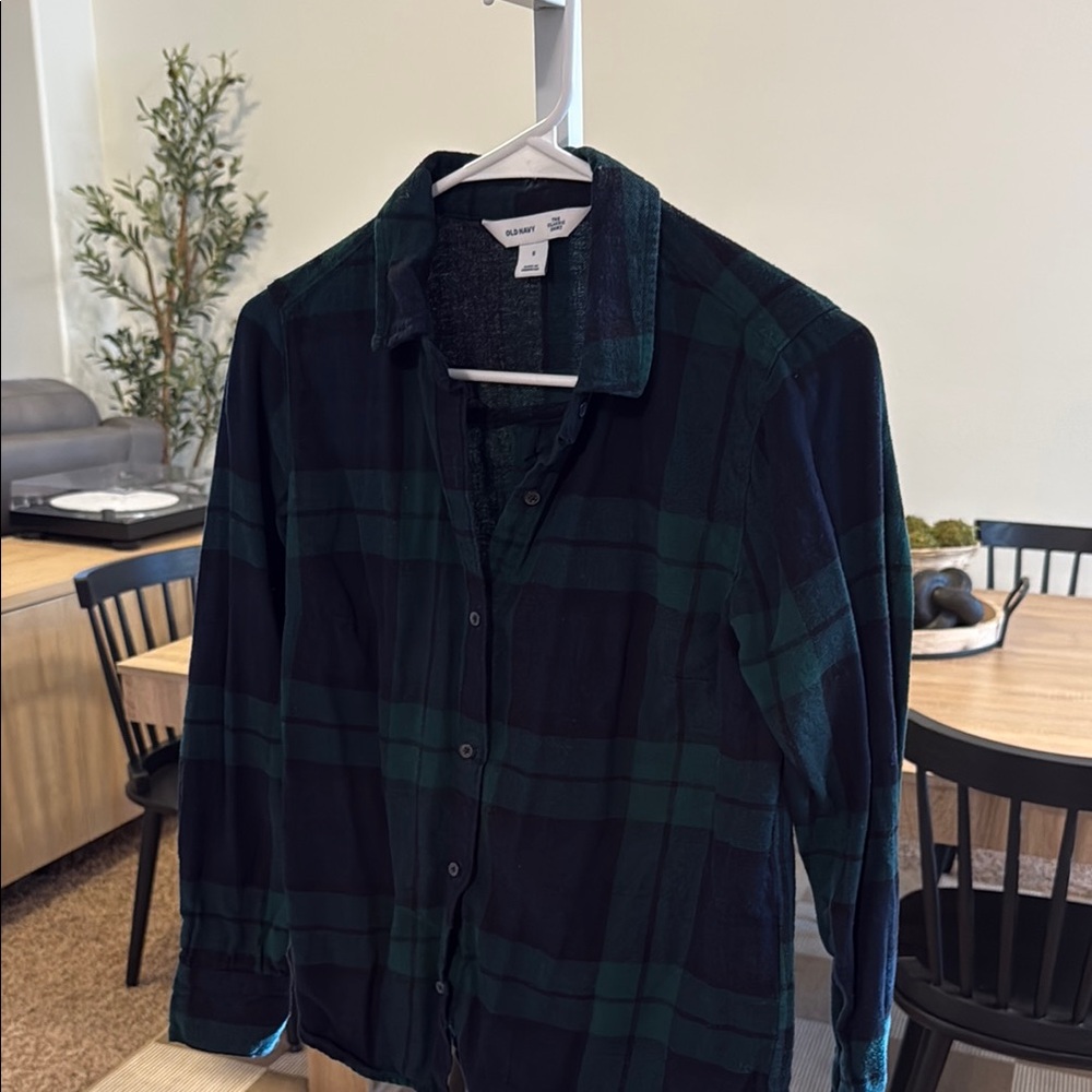 Old Navy Green and Navy Blue Plaid Flannel Shirt